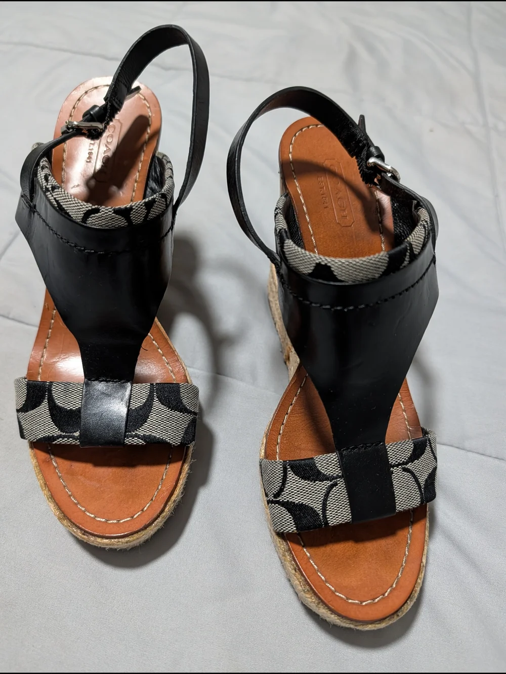 Coach Black Canvas & Leather Cork Espadrille Wedge Sandals